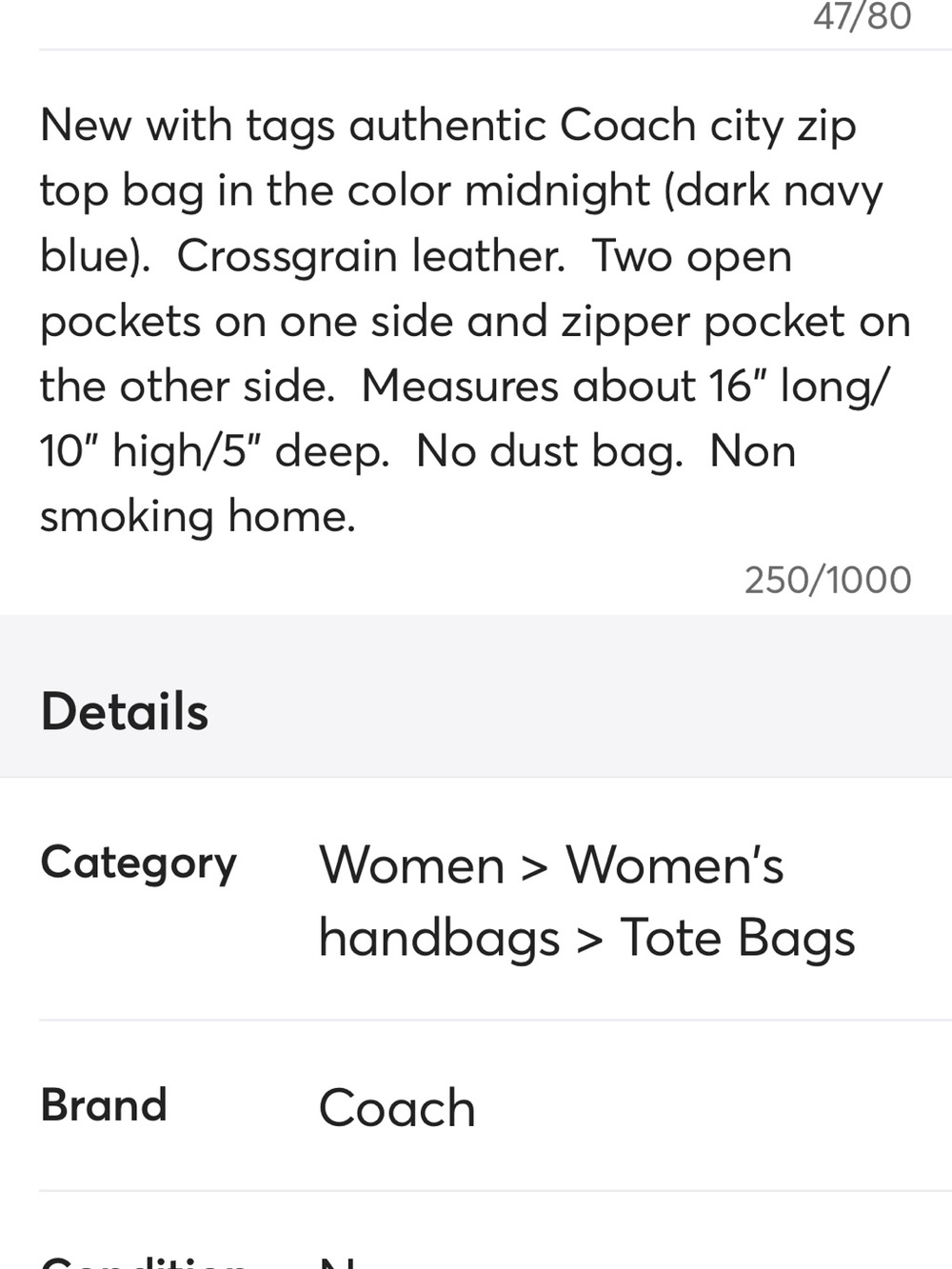 Coach City Zip Top Tote Bag (Midnight Blue) - Picture 6 of 6